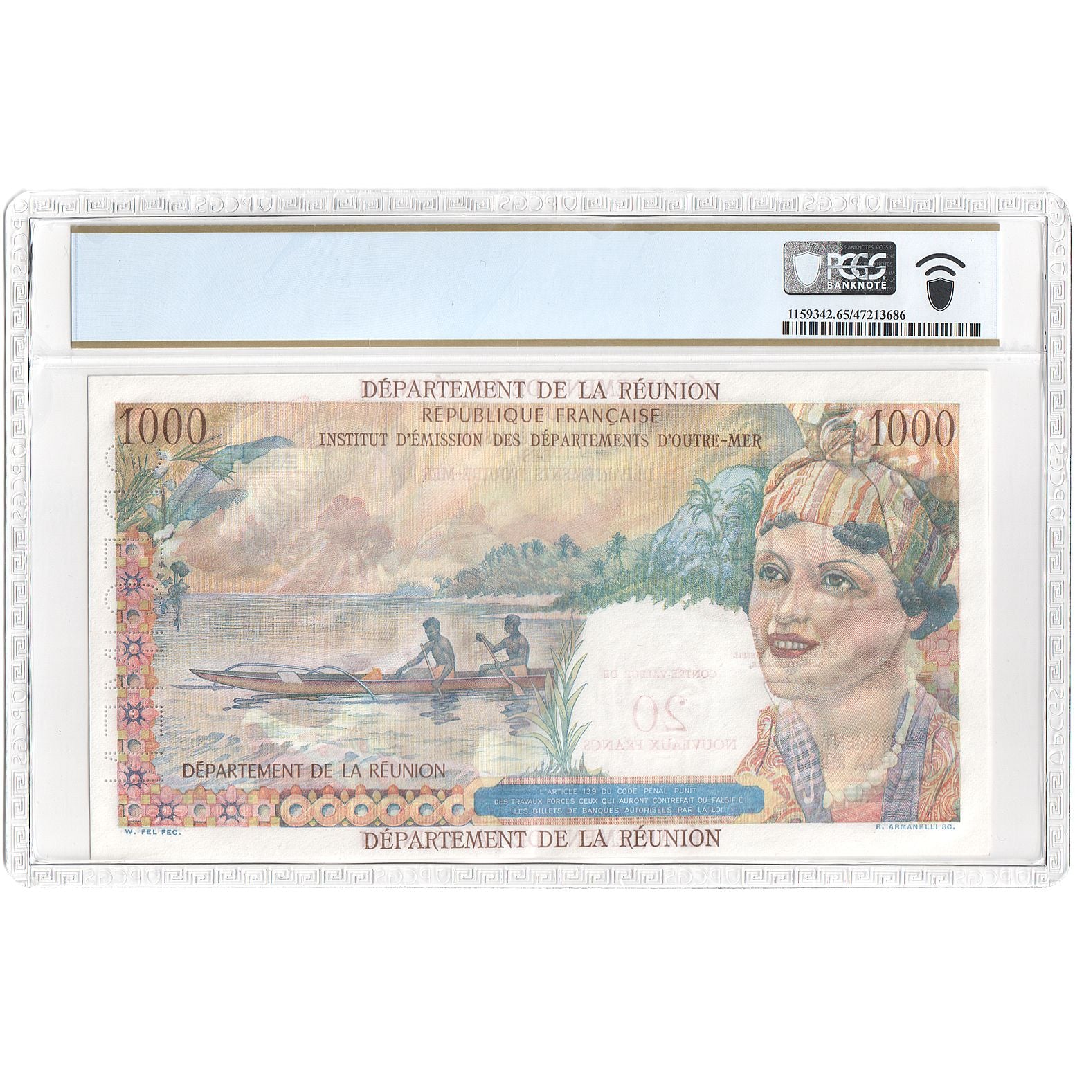 Réunion, 20 Nouveaux Francs on 1000 Francs, Union Française, Undated (1967)