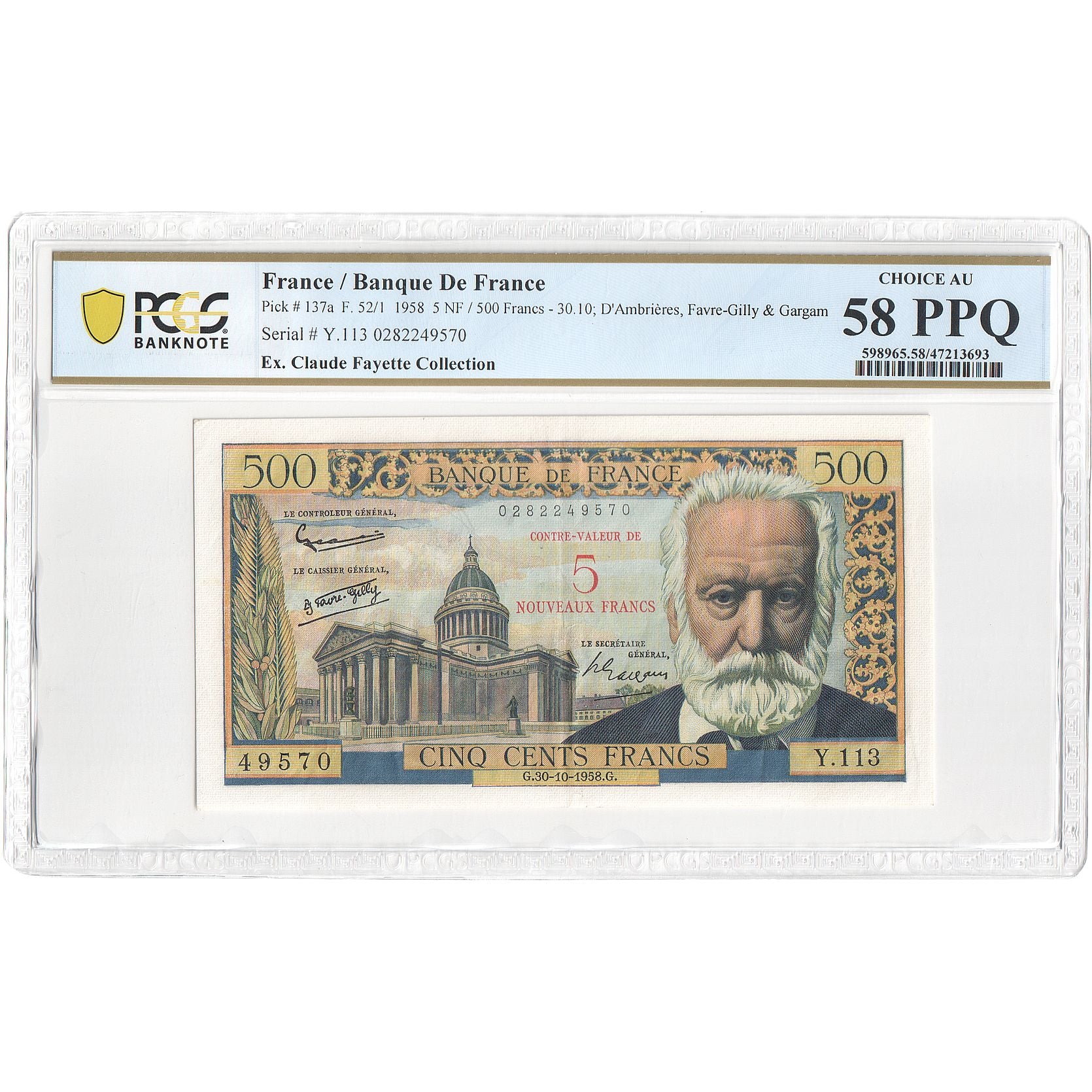 France, 5 Nouveaux Francs on 500 Francs, Victor Hugo, 1958, Y.113, graded, PCGS