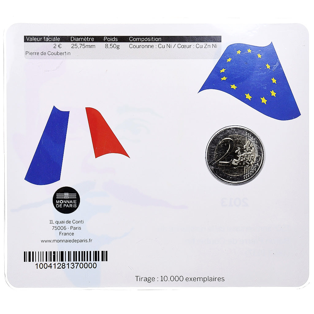 France, 2 Euro, Pierre de Coubertin, 2013, MDP, Bimetallic, MS(65-70)