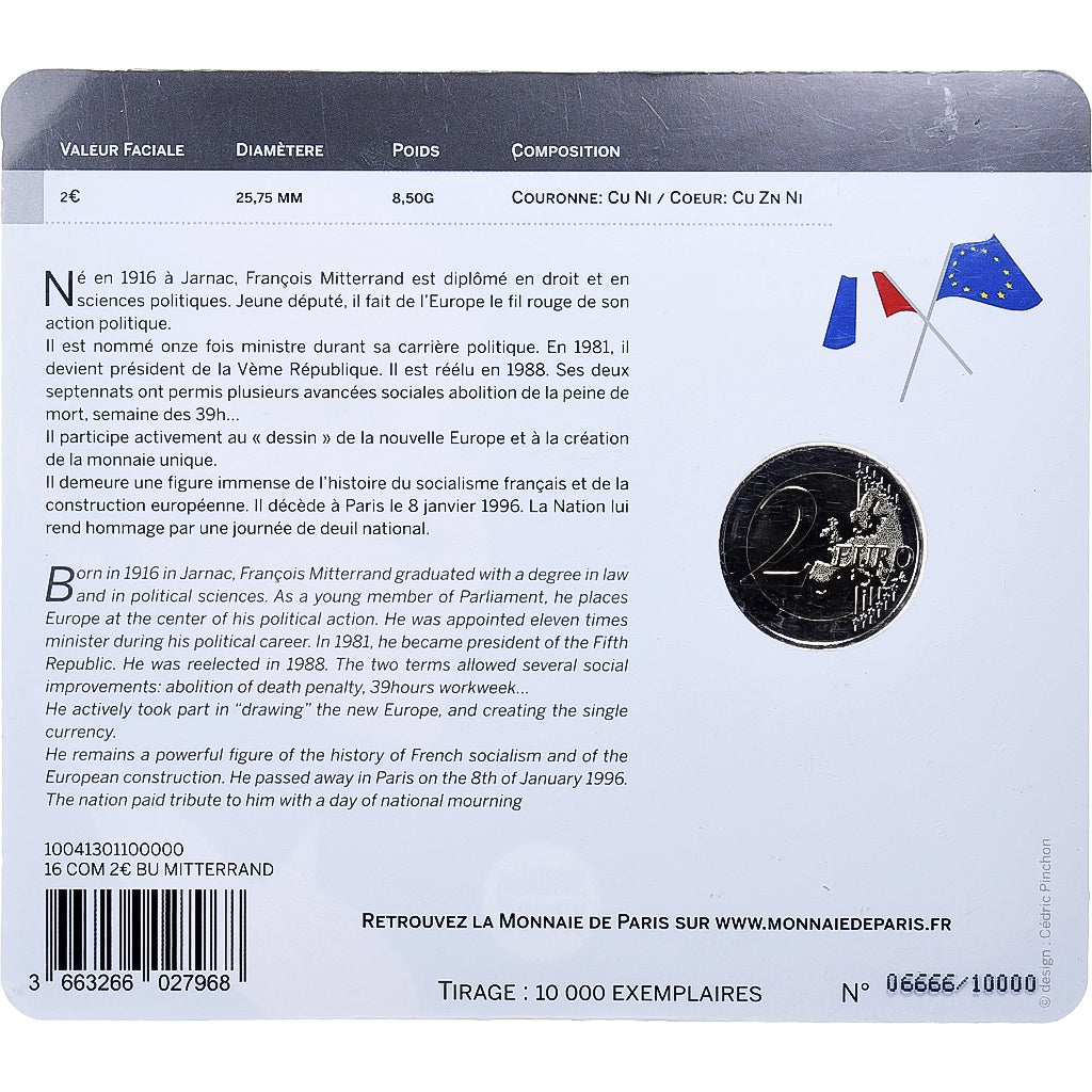 France, 2 Euro, François Mitterrand, 2016, MDP, Bimetallic, MS(65-70)