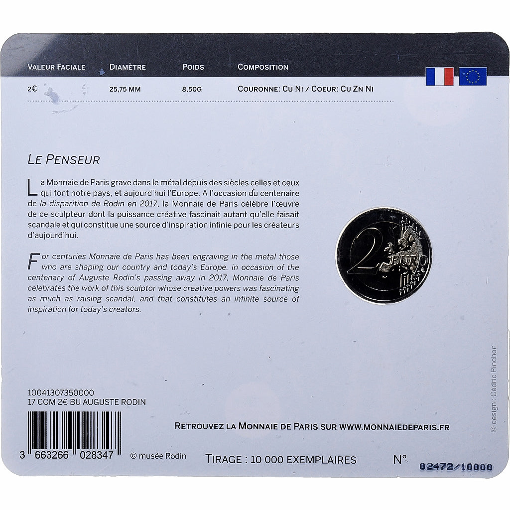 France, 2 Euro, Auguste Rodin, 2017, MDP, Bimetallic, MS(65-70)