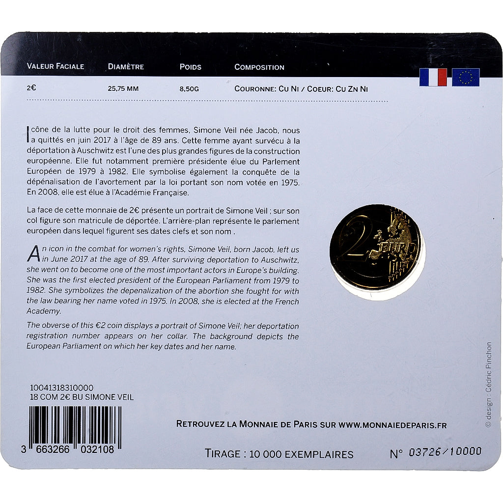 France, 2 Euro, Simone Veil, 2018, MDP, Bimetallic, MS(65-70)