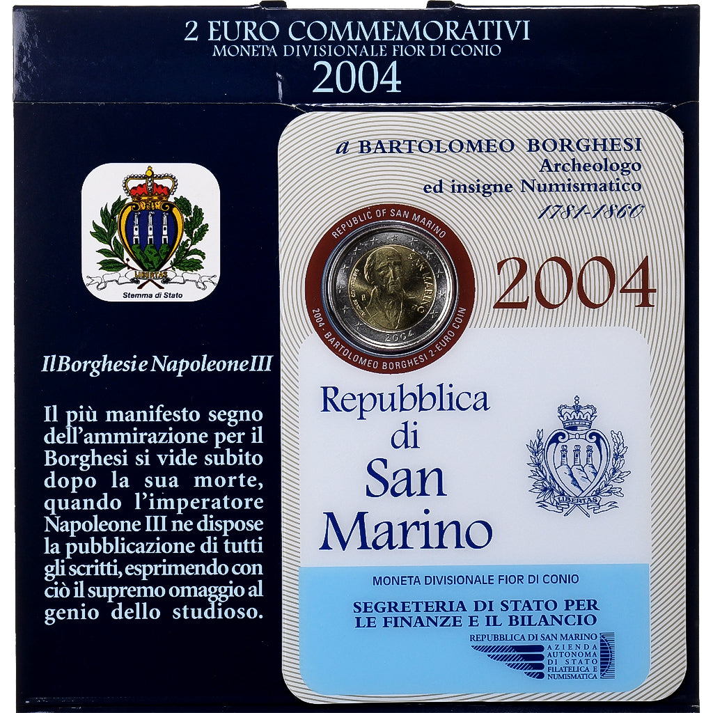 San Marino, 2 Euro, Bartolomeo Borghesi, Coin card, 2004, Rome, Bimetallic
