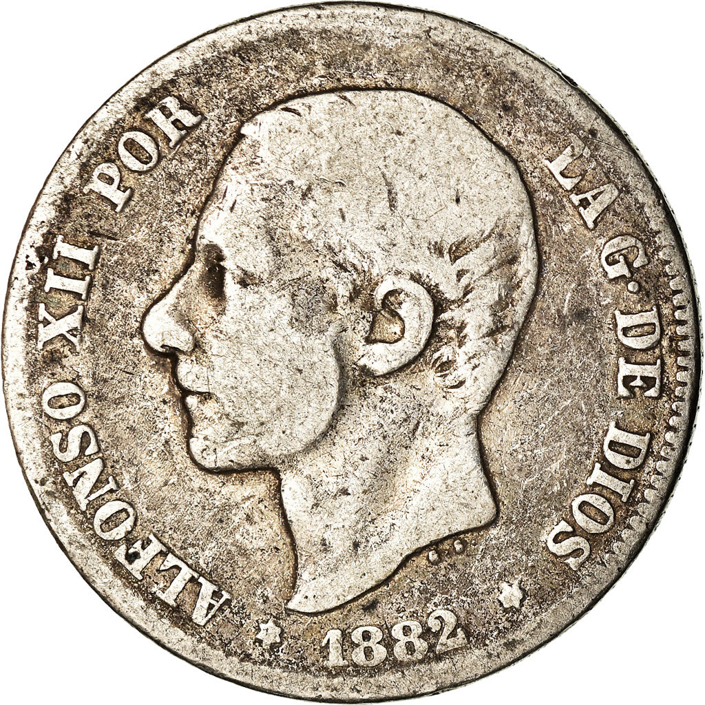 Moneda, España, Alfonso XII, 2 Pesetas, 1882, Madrid, BC+, Plata, KM:678.2
