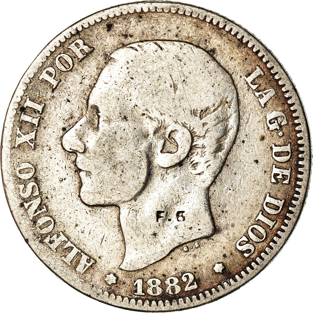 Moneta, Spagna, Alfonso XII, 2 Pesetas, 1882, Madrid, MB, Argento, KM:678.2