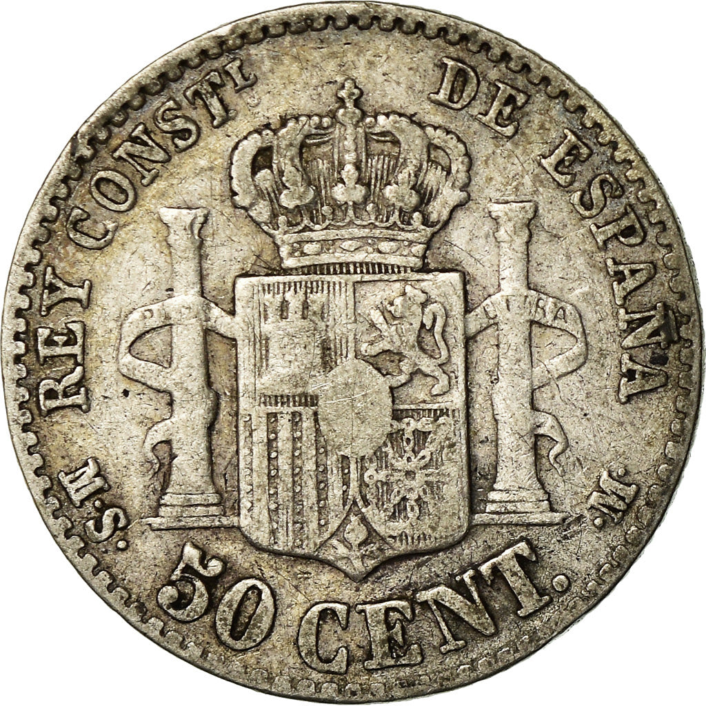 Moneda, España, Alfonso XII, 50 Centimos, 1880, Madrid, BC+, Plata, KM:685