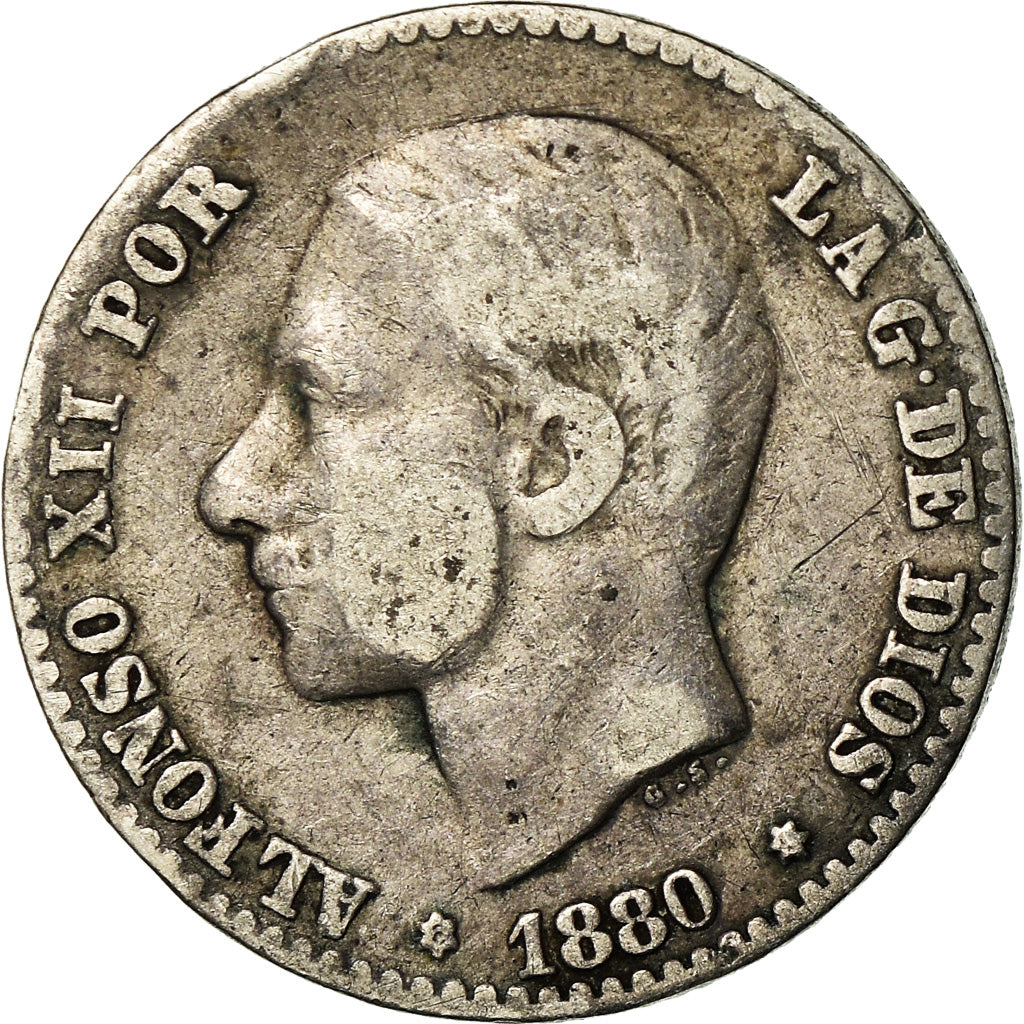 Moneda, España, Alfonso XII, 50 Centimos, 1880, Madrid, BC+, Plata, KM:685