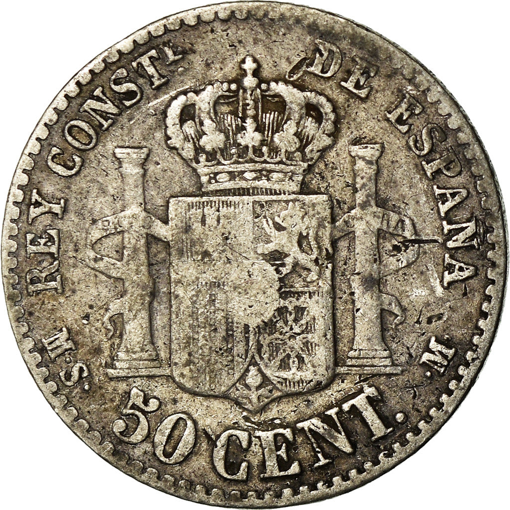 Moneda, España, Alfonso XII, 50 Centimos, 1880, Madrid, BC+, Plata, KM:685
