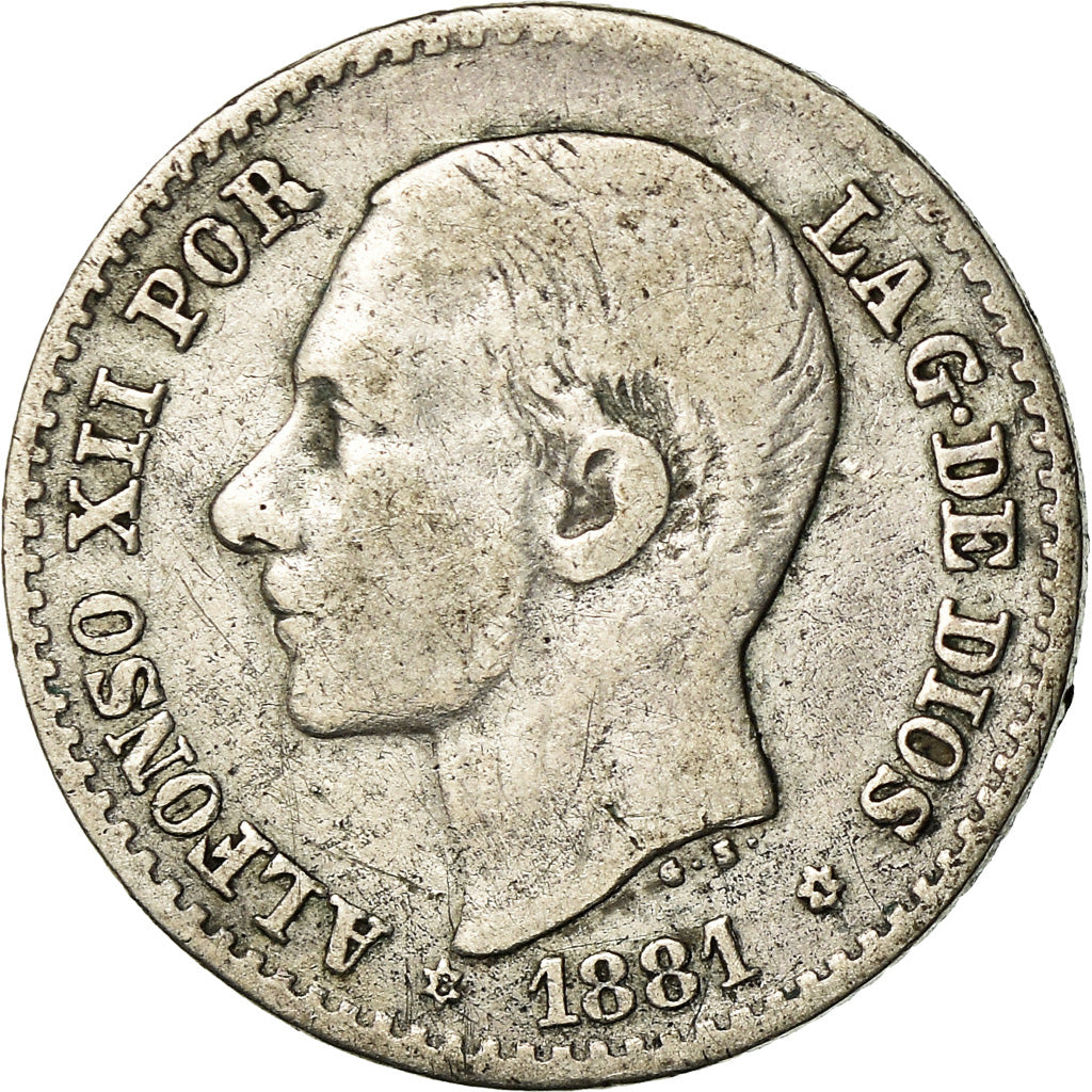 Moneda, España, Alfonso XII, 50 Centimos, 1881, Madrid, BC+, Plata, KM:685