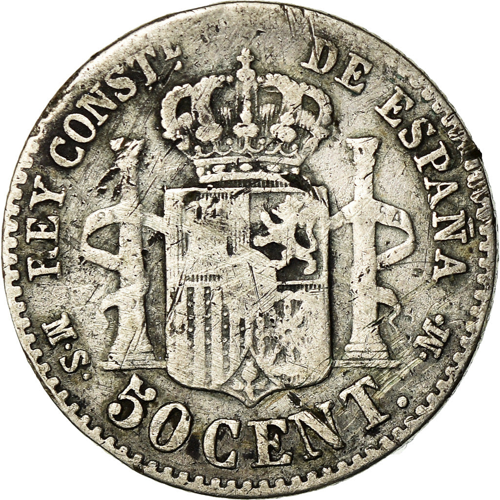 Moneda, España, Alfonso XII, 50 Centimos, 1881, Madrid, BC+, Plata, KM:685