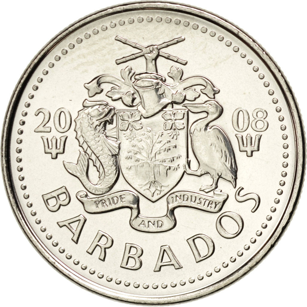 Coin, Barbados, 25 Cents, 2008, MS(63), Nickel plated steel, KM:13a