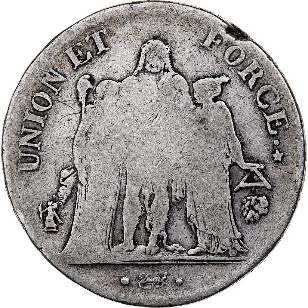 França, 5 Francs, Union et Force, AN 9, Bayonne, Prata, F(12-15), Gadoury:563a