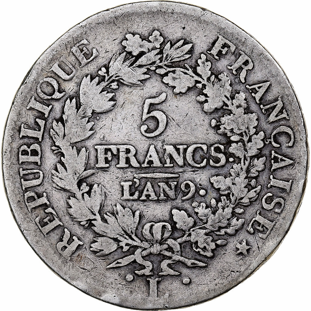 França, 5 Francs, Union et Force, AN 9, Bayonne, Prata, F(12-15), Gadoury:563a