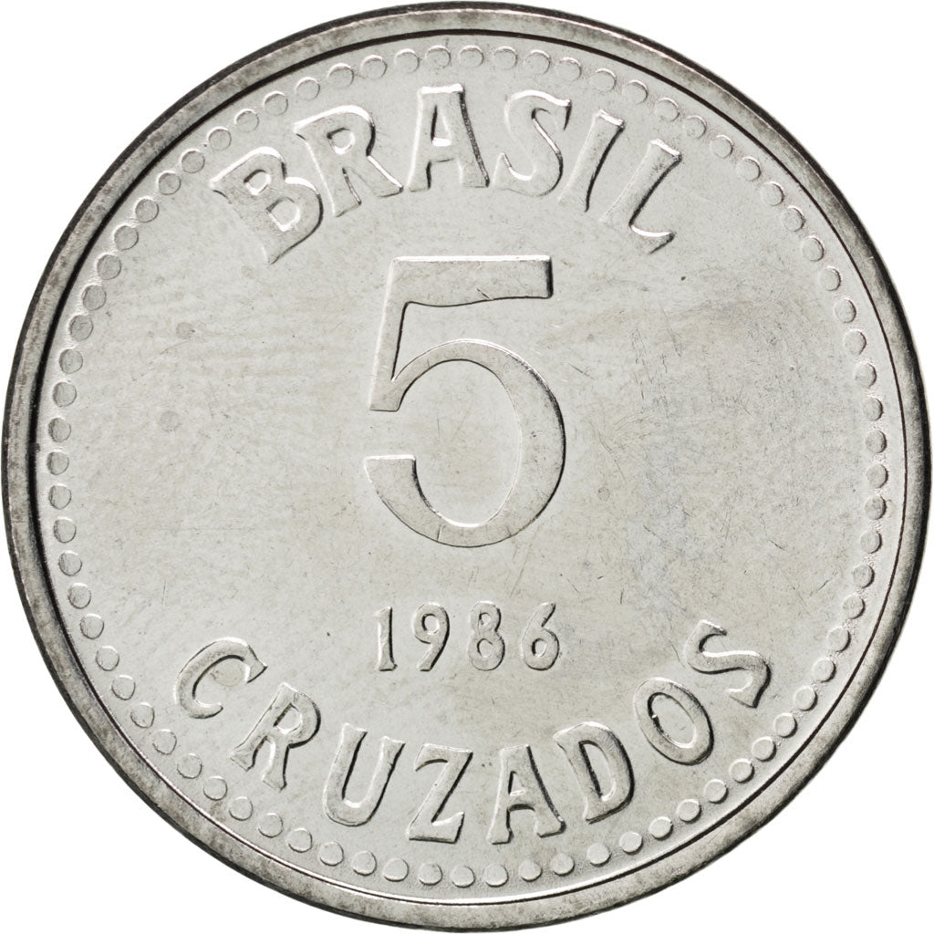 Munten, Brazilië, 5 Cruzados, 1986, UNC-, Stainless Steel, KM:606