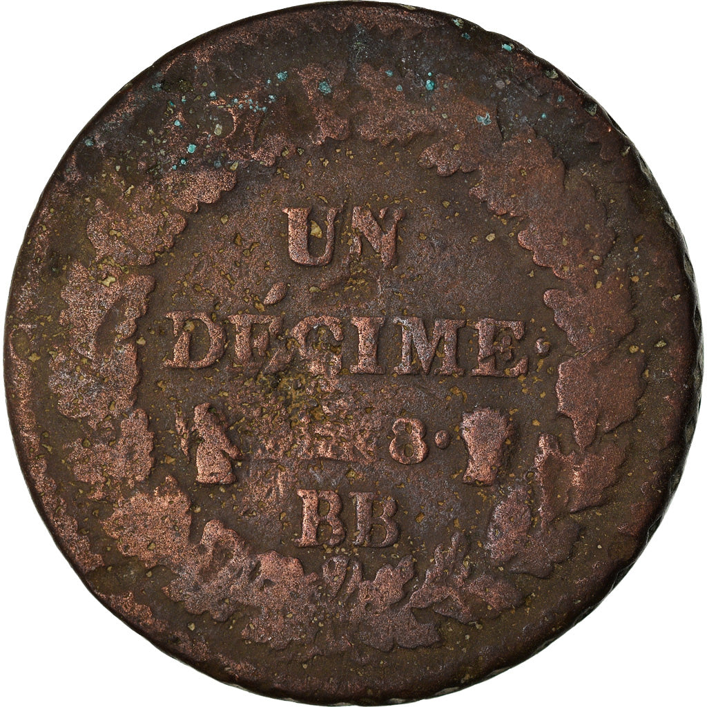 Coin, France, Dupré, Decime, AN 8, Strasbourg, F(12-15), Bronze, KM:644.4