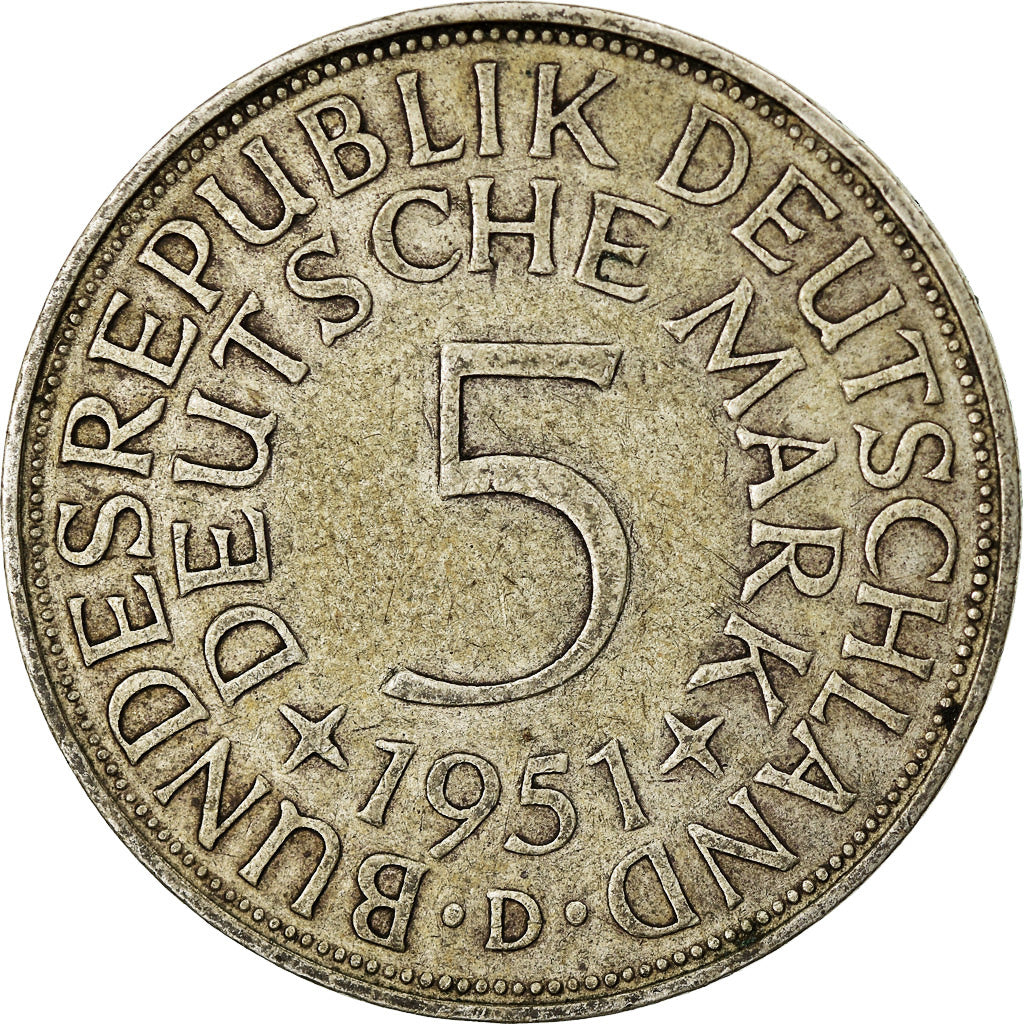 Coin, GERMANY - FEDERAL REPUBLIC, 5 Mark, 1951, Munich, EF(40-45), Silver