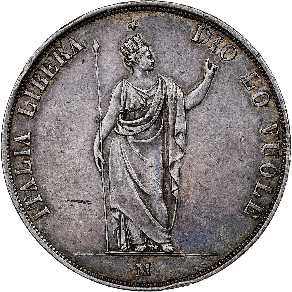 Provisional Government of Lombardy, 5 Lire, 1848, Milan, Plata, MBC+, KM:22.1