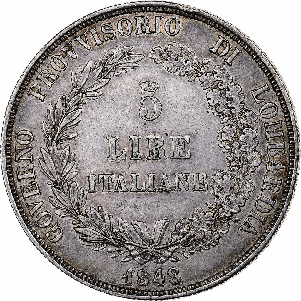 Provisional Government of Lombardy, 5 Lire, 1848, Milan, Plata, MBC+, KM:22.1