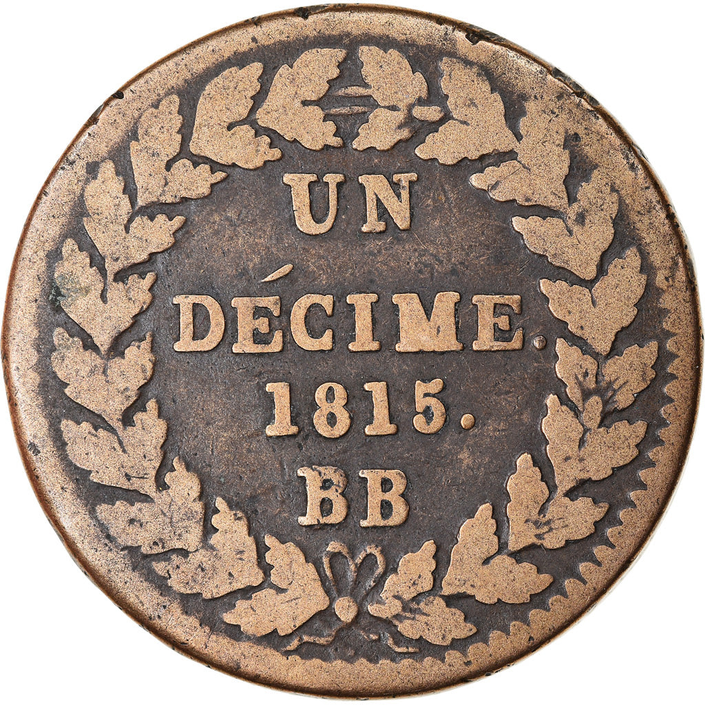 Moneda, Francia, Louis XVIII, Decime, 1815, Strasbourg, BC+, Bronce, KM:701