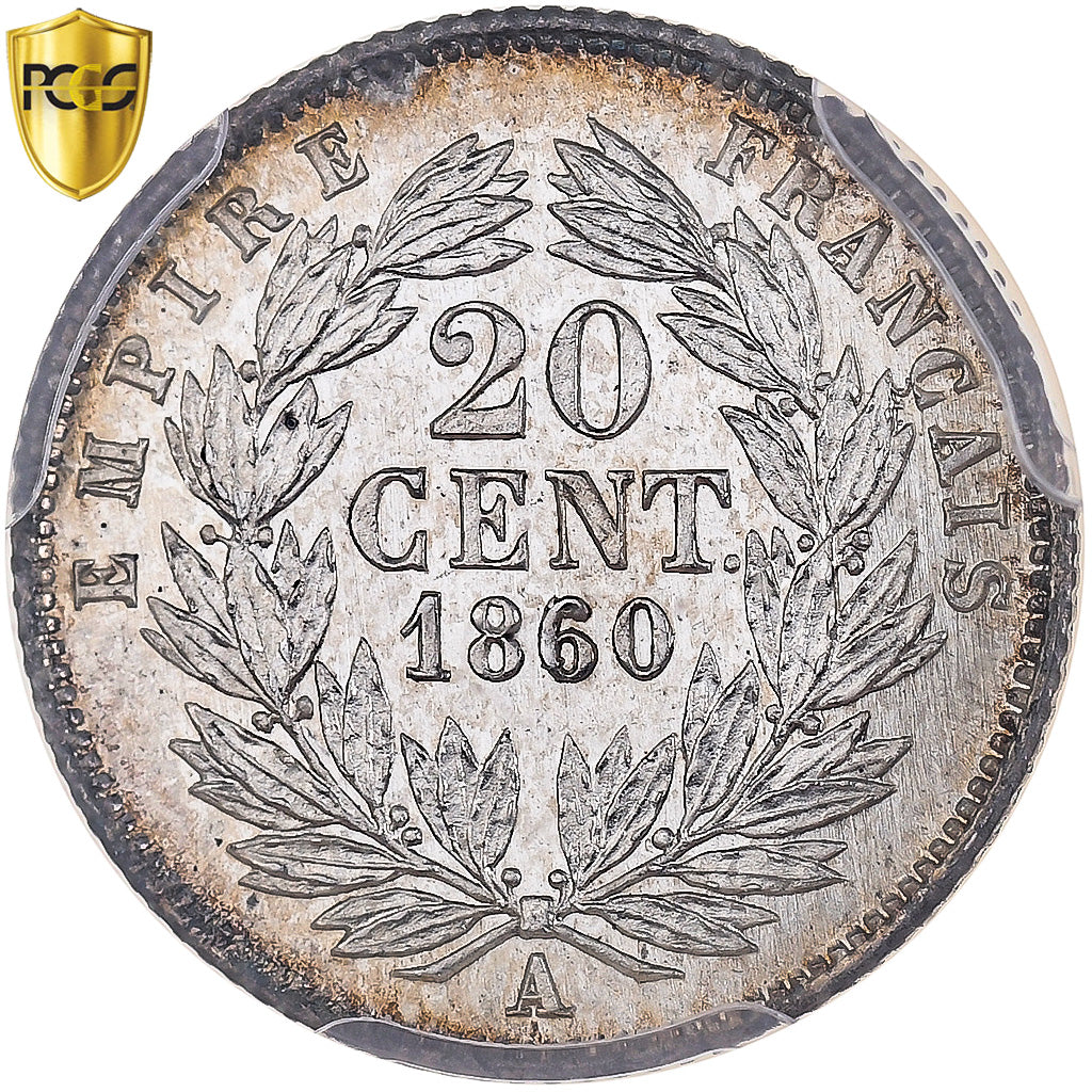 France, Napoleon III, 20 Centimes, 1860, Paris, 6/5, Silver, PCGS, MS64