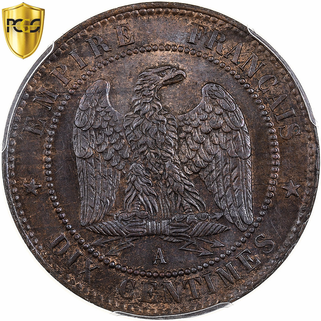 France, Napoleon III, 10 Centimes, 1863, Paris, Bronze, PCGS, MS64BN
