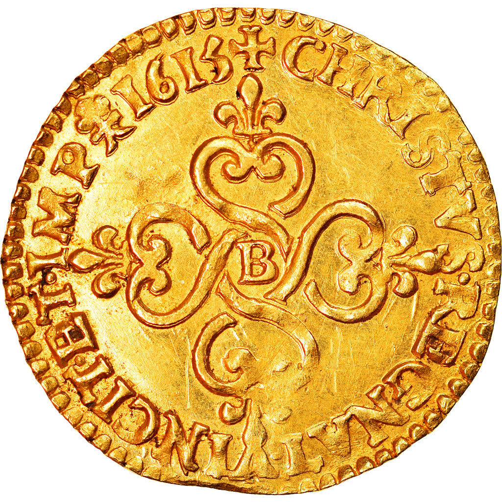 France, Louis XIII, Écu d'or au soleil, 1615, Rouen, Or, TTB+, Gadoury:55