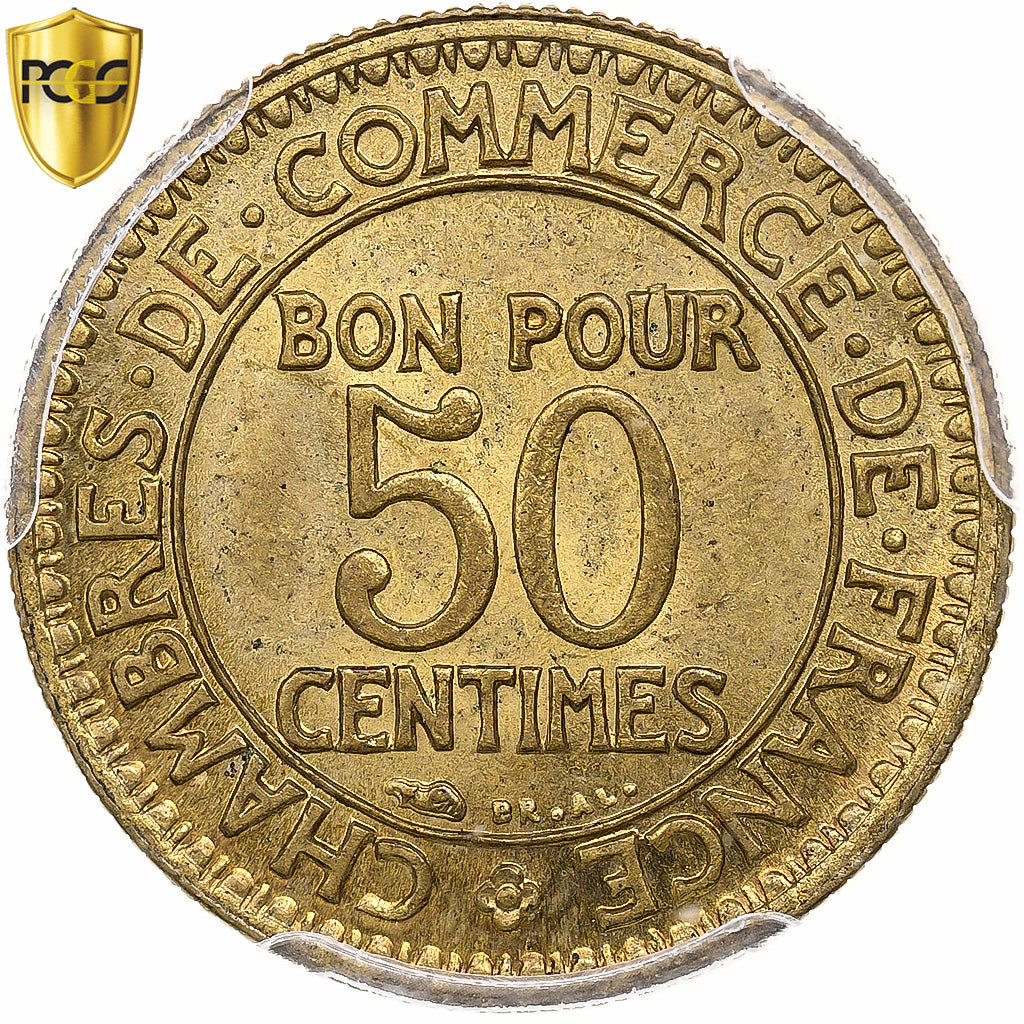 France, 50 Centimes, Chambre de commerce, 1929, Paris, Aluminum-Bronze, PCGS