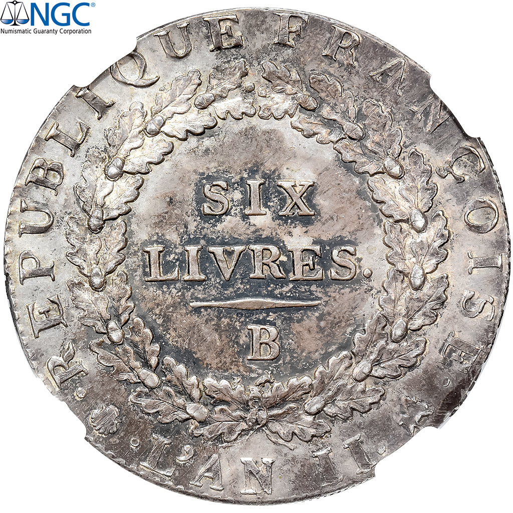 Francja, Écu de 6 livres françoise, 1793, Rouen, Rzadkie, Srebro, NGC, MS62