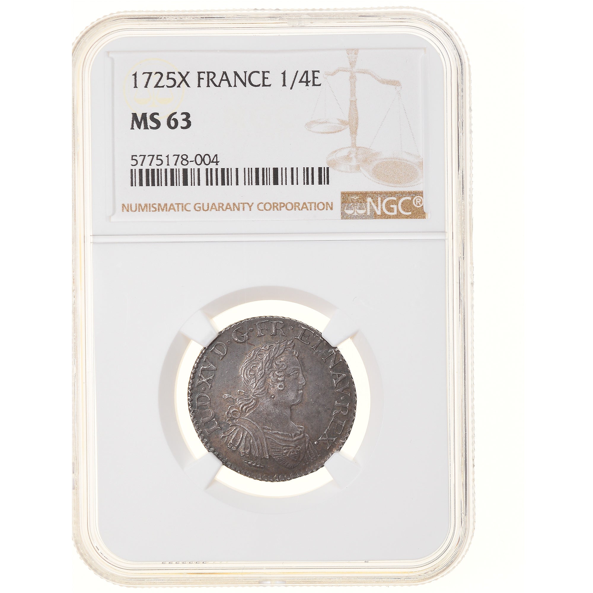 Francja, Louis XV, 1/4 Ecu aux 8 L, 1725, Amiens, TOP POP, Srebro, NGC, MS63