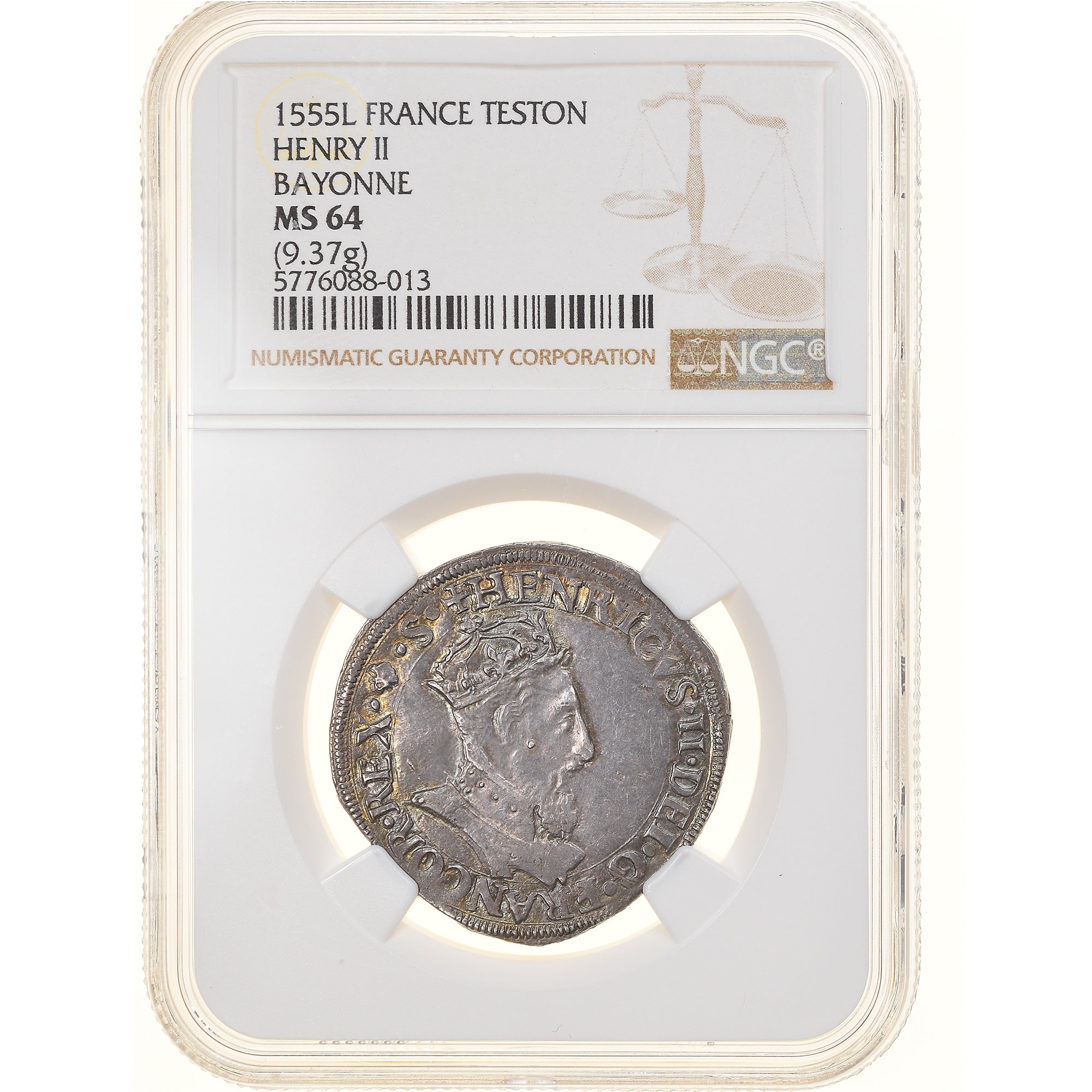 Moneda, Francia, Henri II, Teston, 1555, Bayonne, NGC, MS64, SC+, Plata, graded