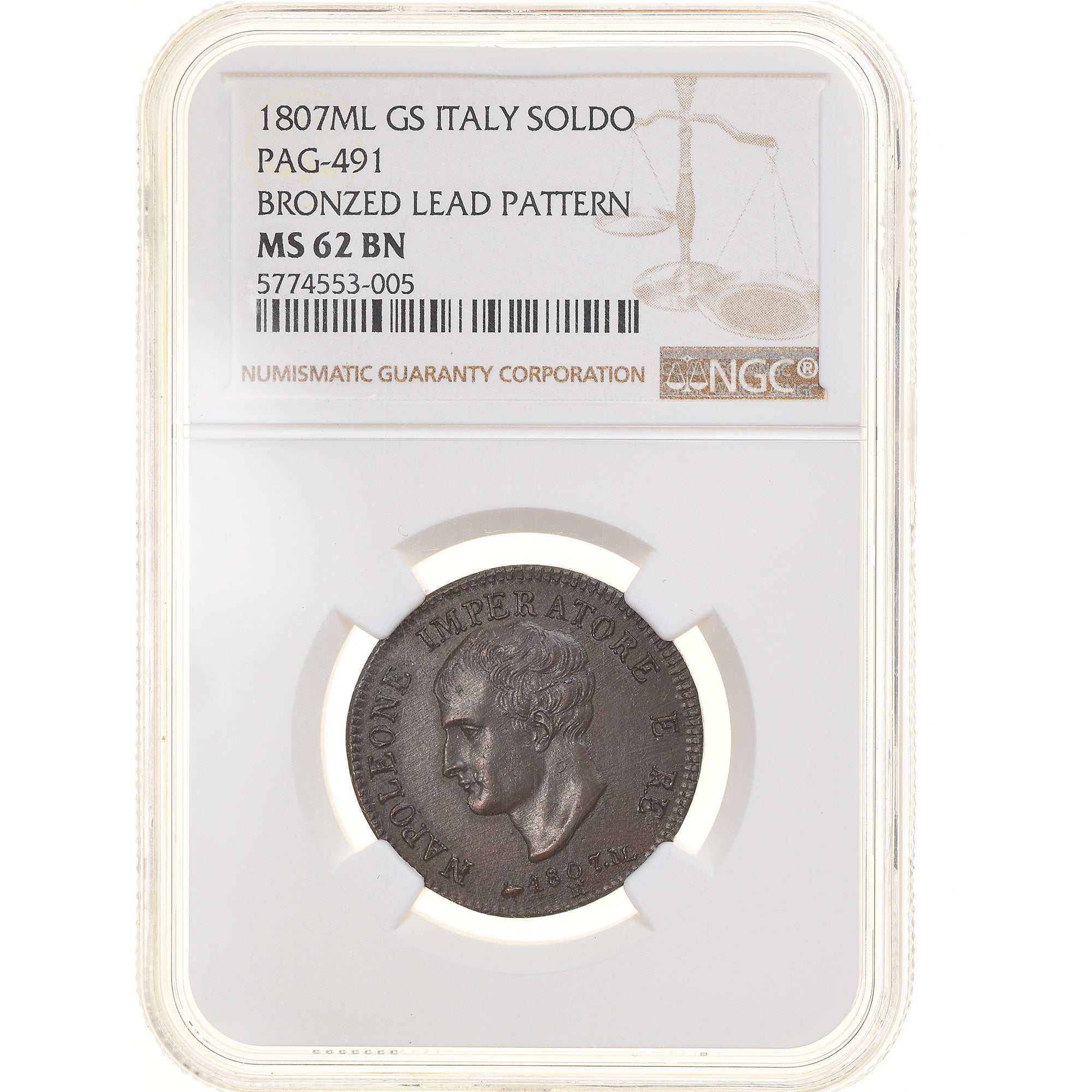 Kingdom of Italy, Napoleon I, Soldo, 1807, Milan, Pattern, Lead-Bronze, NGC