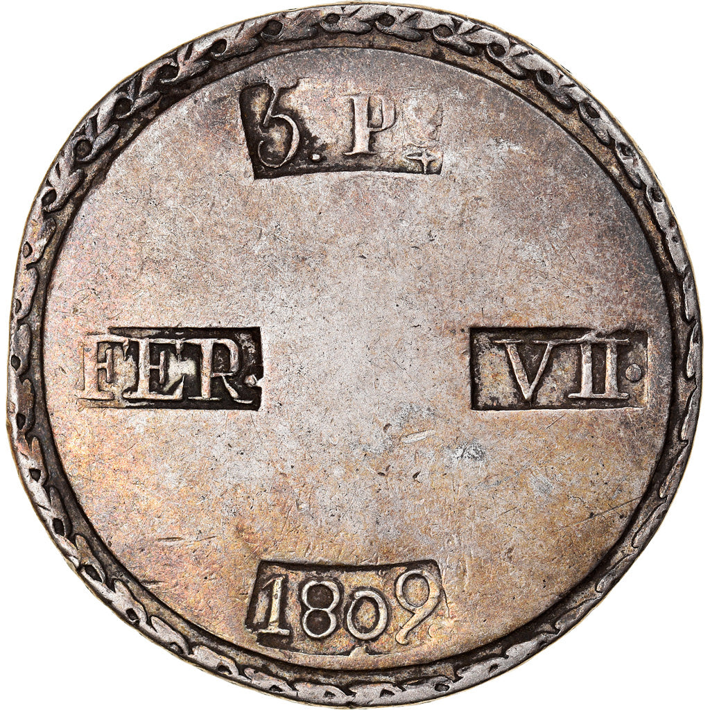Spain, TARRAGONA, Ferdinand VII, 5 Pesetas, 1809, Tarragona, Silver, EF(40-45)