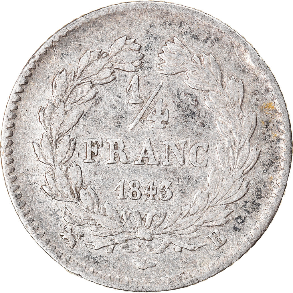 Moneta, Francia, Louis-Philippe, 1/4 Franc, 1843, Rouen, BB, Argento, KM:740.2