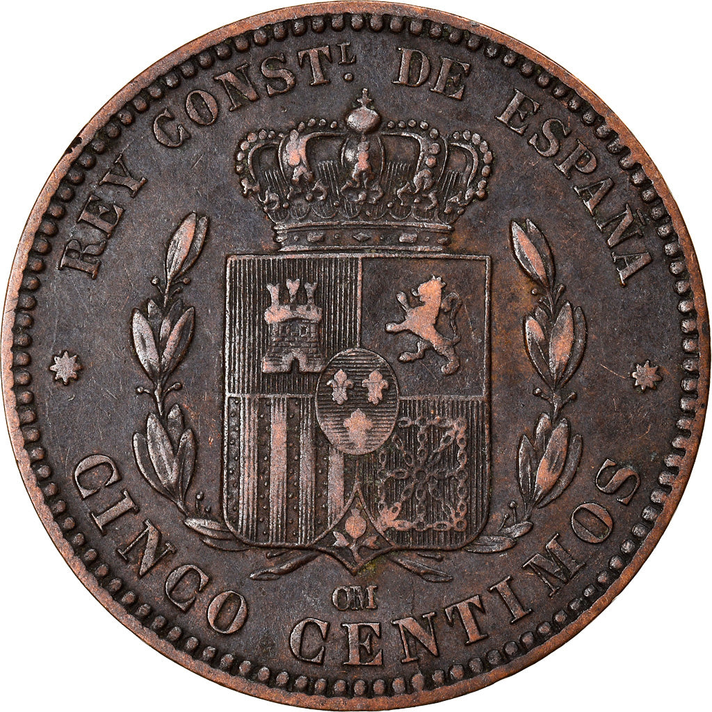 Monnaie, Espagne, Alfonso XII, 5 Centimos, 1879, Barcelona, TTB, Bronze, KM:674