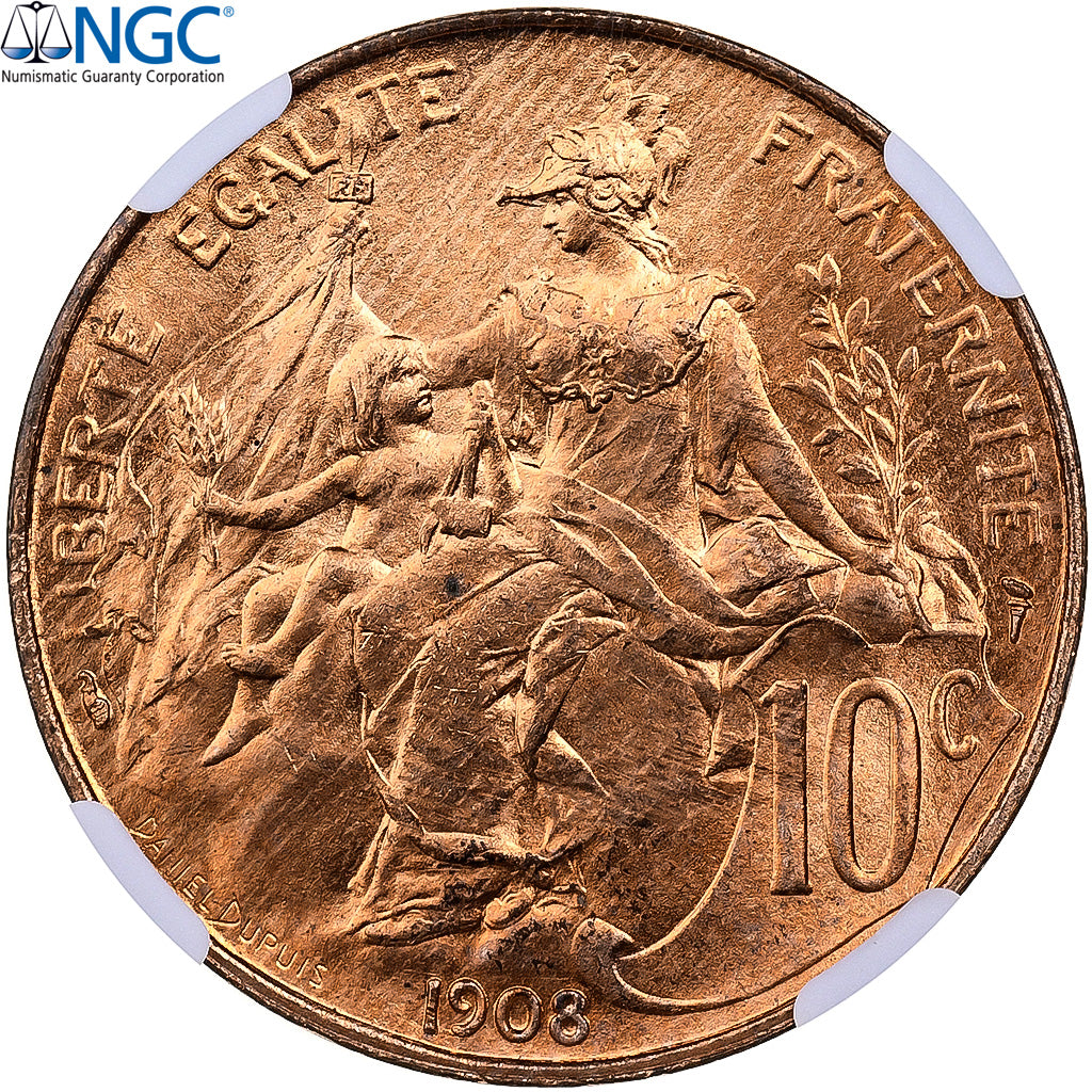 Francia, 10 Centimes, Daniel-Dupuis, 1908, Paris, Bronce, NGC, MS65RD
