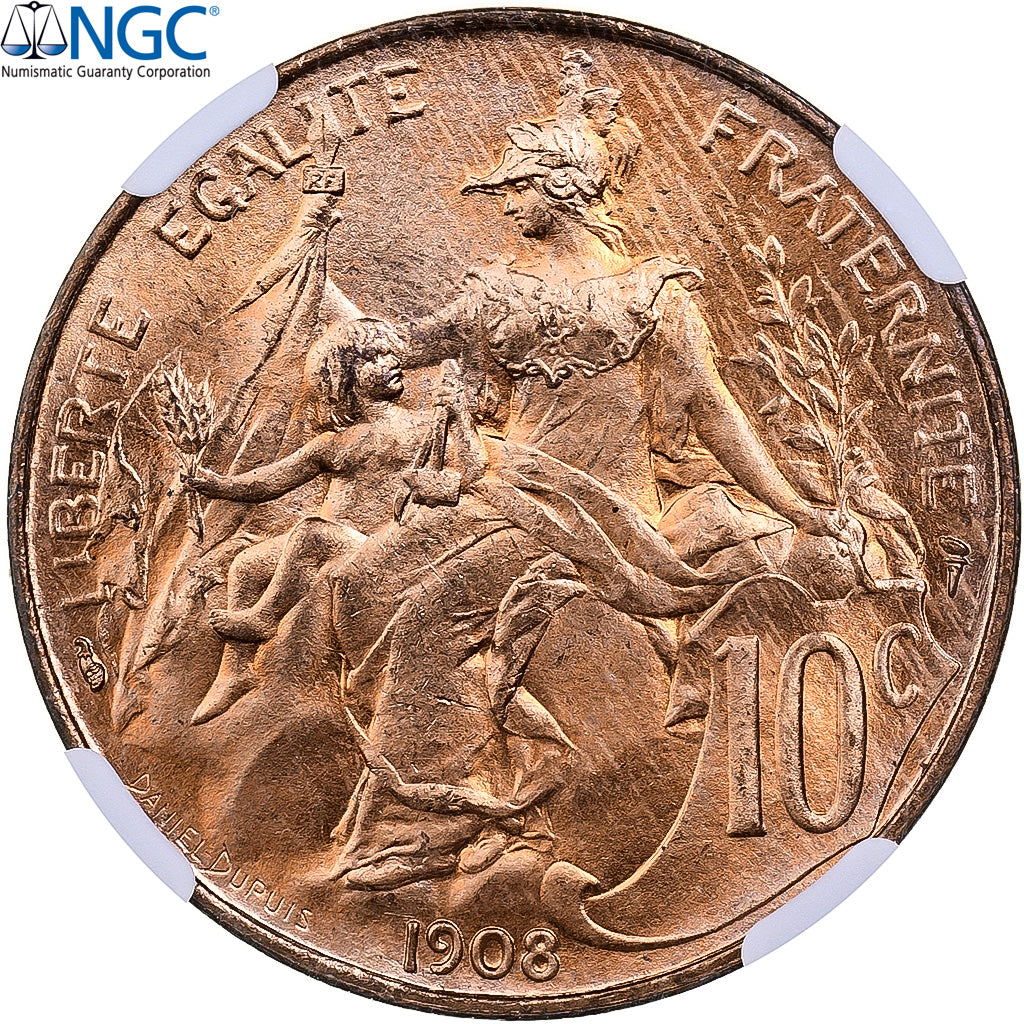 France, 10 Centimes, Daniel-Dupuis, 1908, Paris, Bronze, NGC, MS65RD