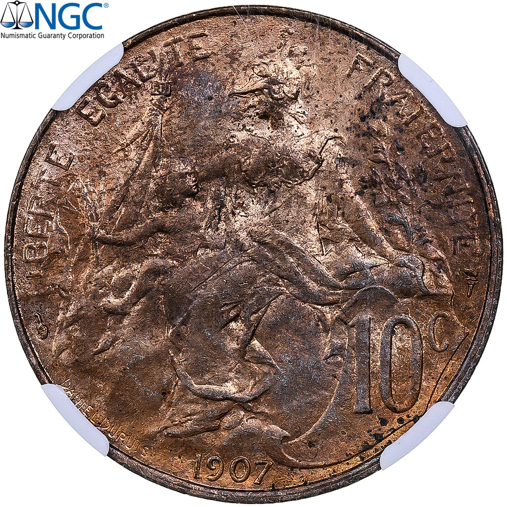 Frankrijk, 10 Centimes, Daniel-Dupuis, 1907, Paris, Bronzen, NGC, MS64RB