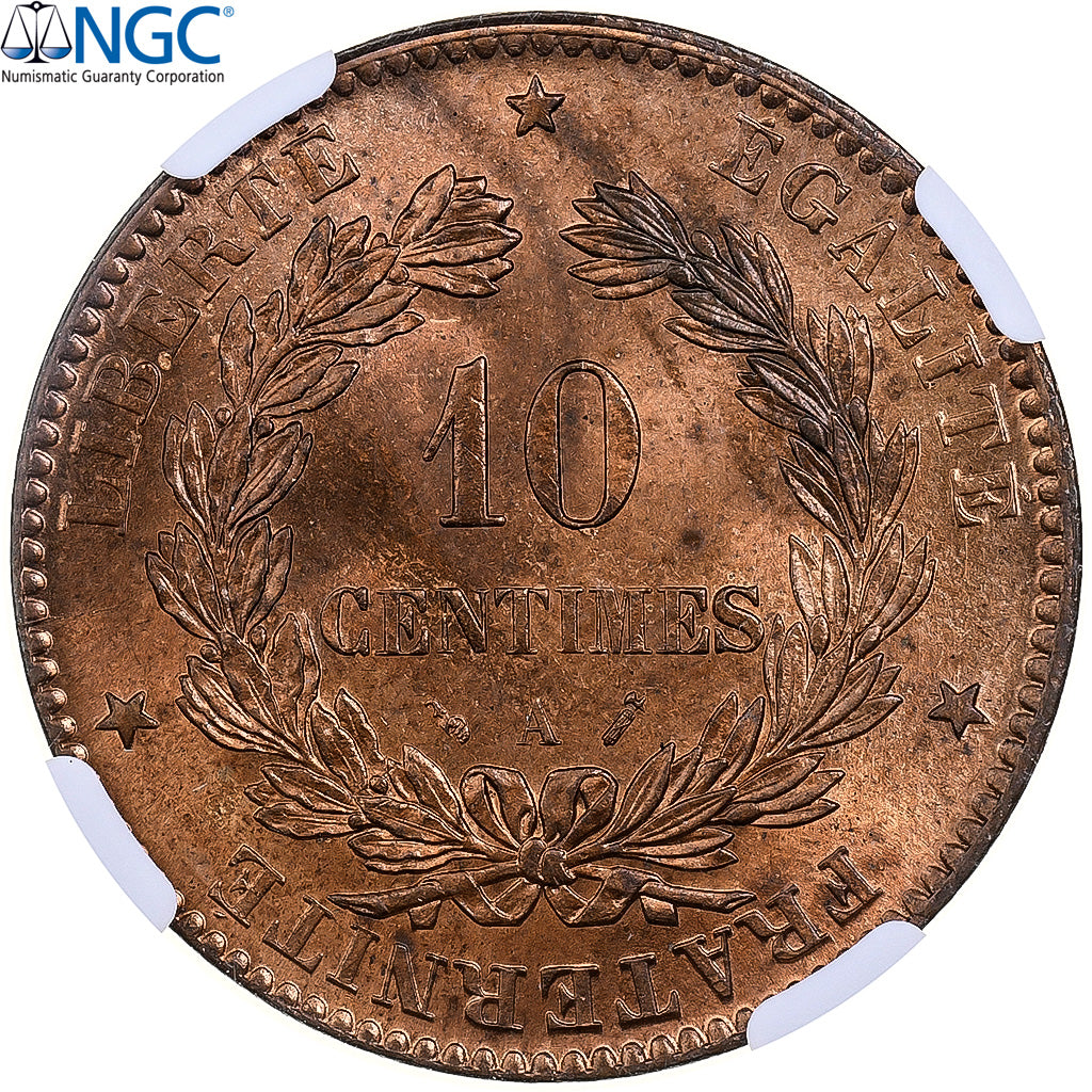 France, 10 Centimes, Cérès, 1895, Paris, Bronze, NGC, MS66RB, Gadoury:265a