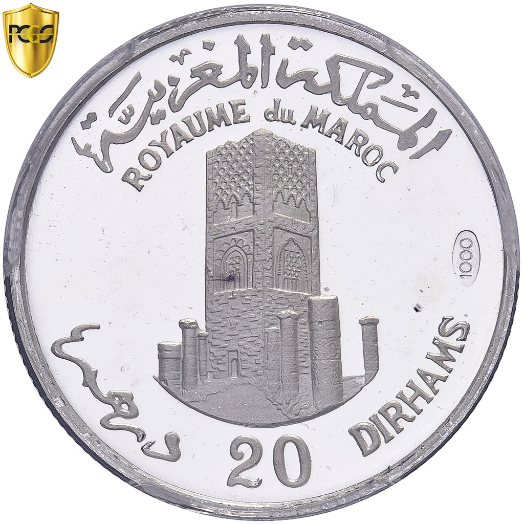 Maroko, Hassan II, 20 Dirhams, 1970, Proof, Srebro, PCGS, SP67DCAM, KM:Manque