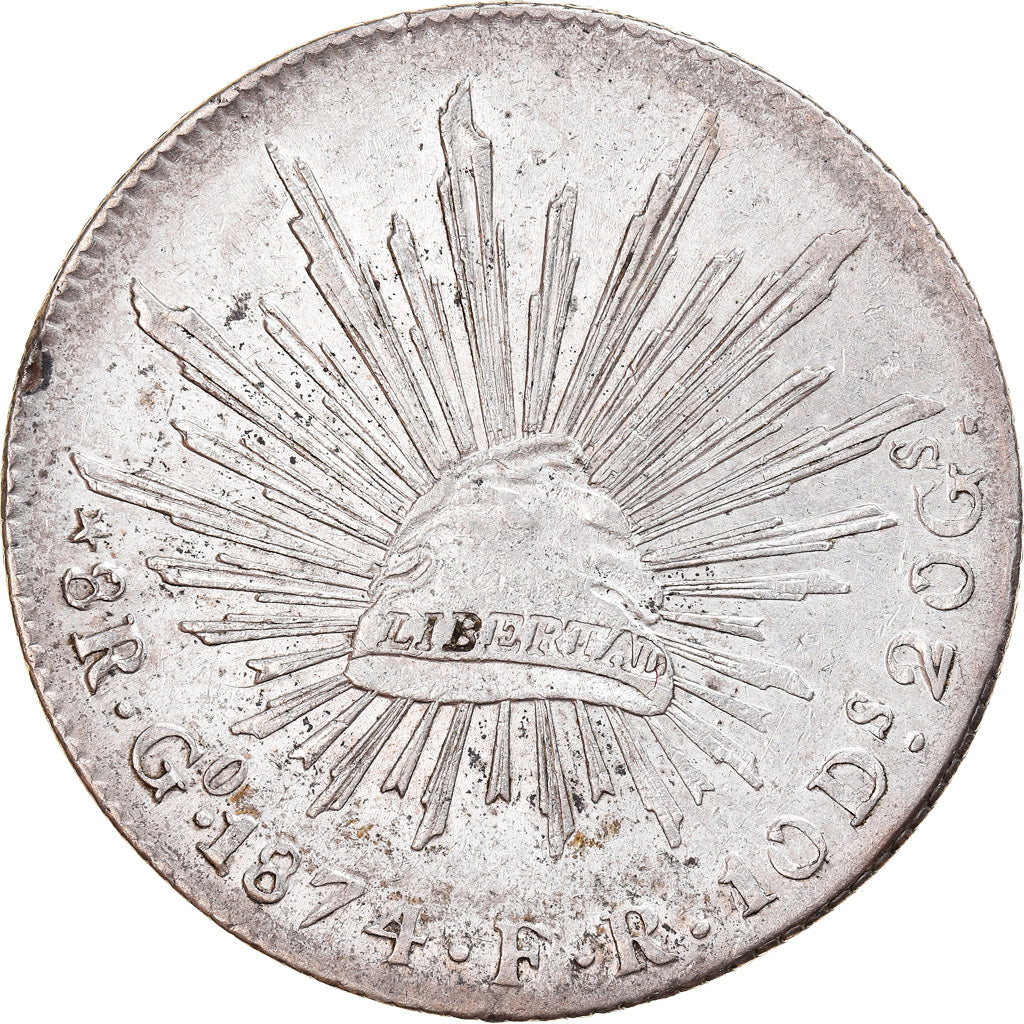Moneda, México, 8 Reales, 1874, Guanajuato, EBC+, Plata, KM:377.8