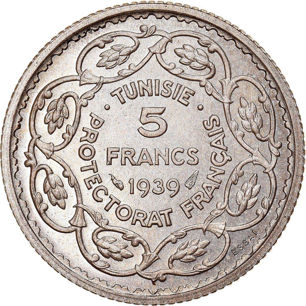 Coin, Tunisia, Ahmad Pasha Bey, 5 Francs, 1939, Paris, ESSAI, MS(65-70), Silver