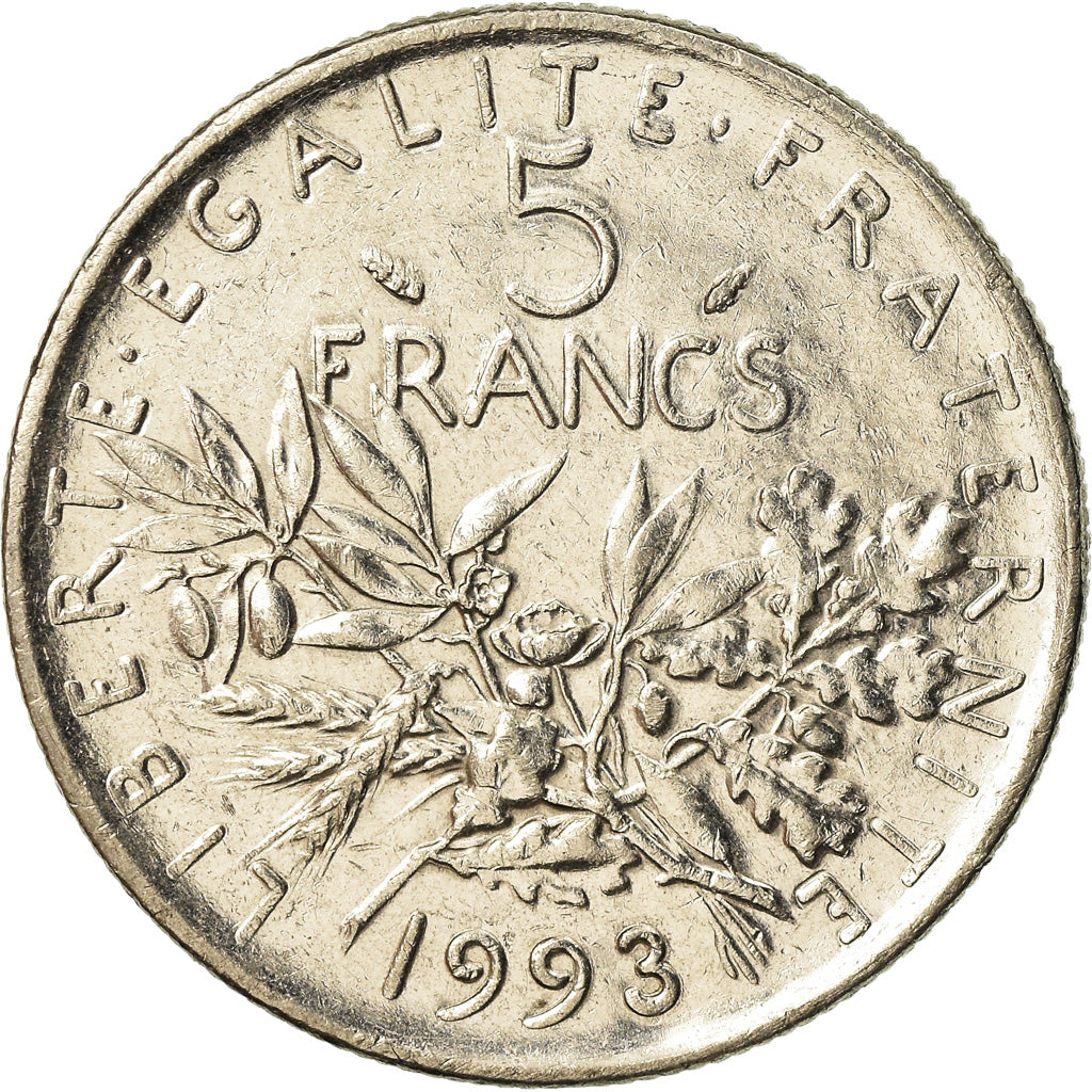 Coin, France, Semeuse, 5 Francs, 1993, Paris, AU(50-53), Nickel Clad, KM 926a.1