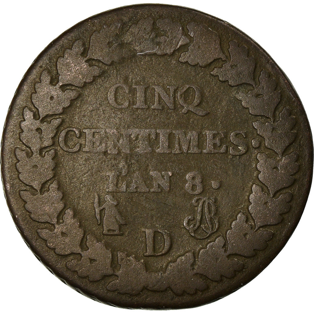 Coin, France, Dupré, 5 Centimes, AN 8, Lyon, VG(8-10), Bronze, KM:640.5