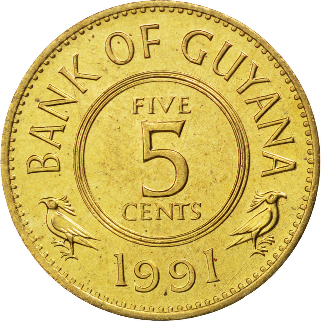 Coin, Guyana, 5 Cents, 1991, MS(63), Nickel-brass, KM:32