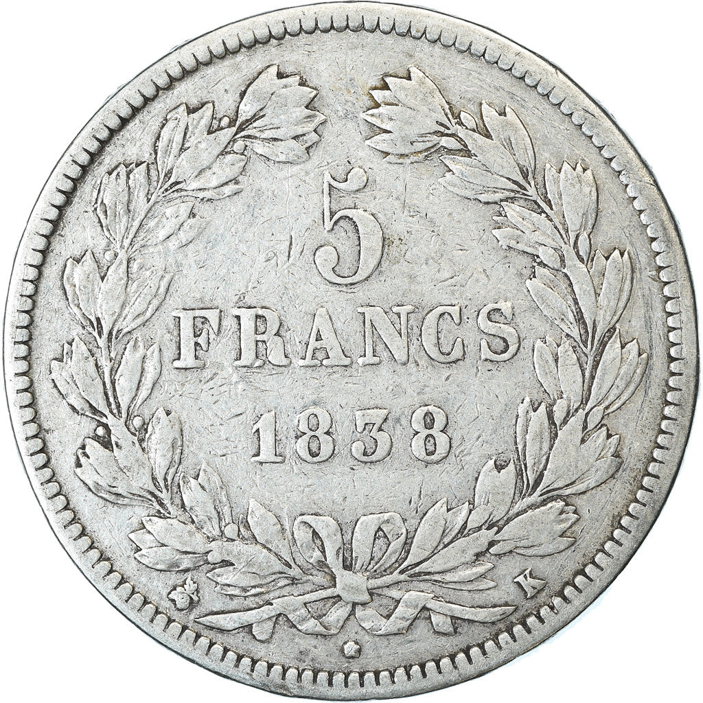 Moneda, Francia, Louis-Philippe, 5 Francs, 1838, Bordeaux, BC+, Plata, KM:749.7