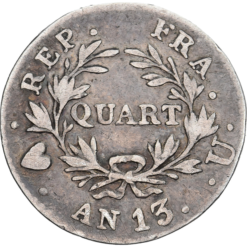 Moeda, França, Napoléon I, 1/4 Franc, AN 13, Torino, Muito, EF(40-45), Prata