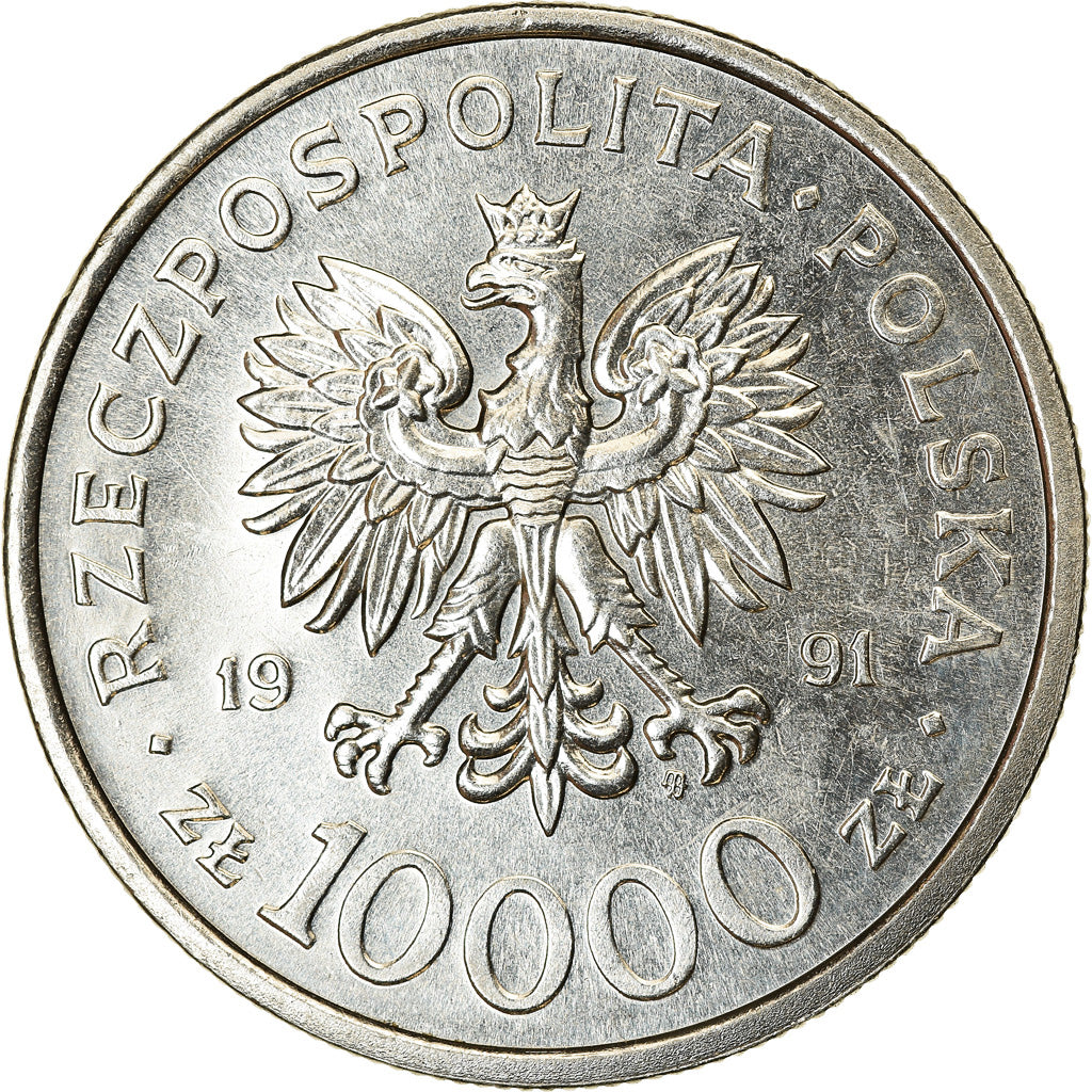 Coin, Poland, 10000 Zlotych, 1991, Warsaw, AU(55-58), Nickel plated steel