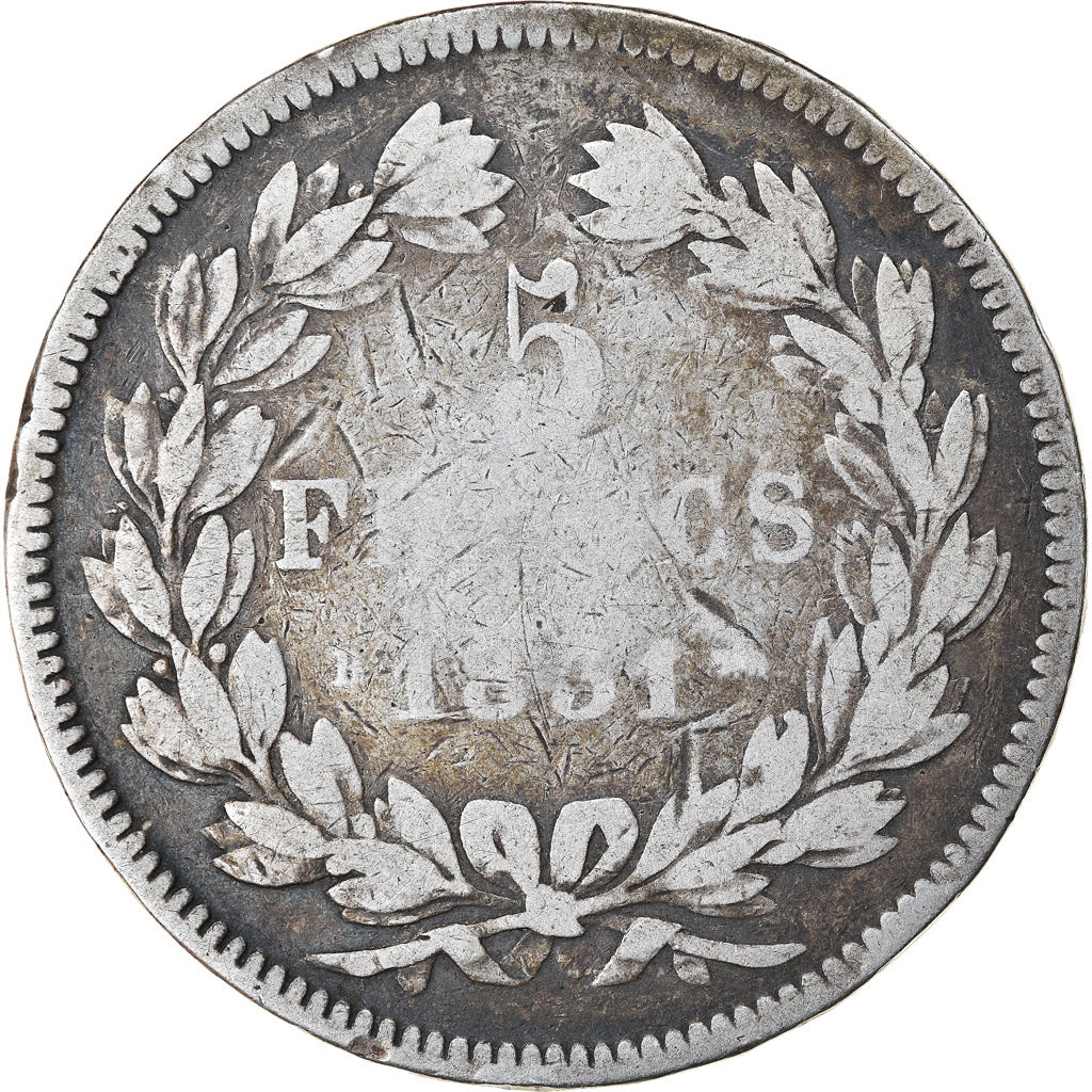 Moneda, Francia, Louis-Philippe, 5 Francs, 1831, Rouen, BC+, Plata, KM:745.2