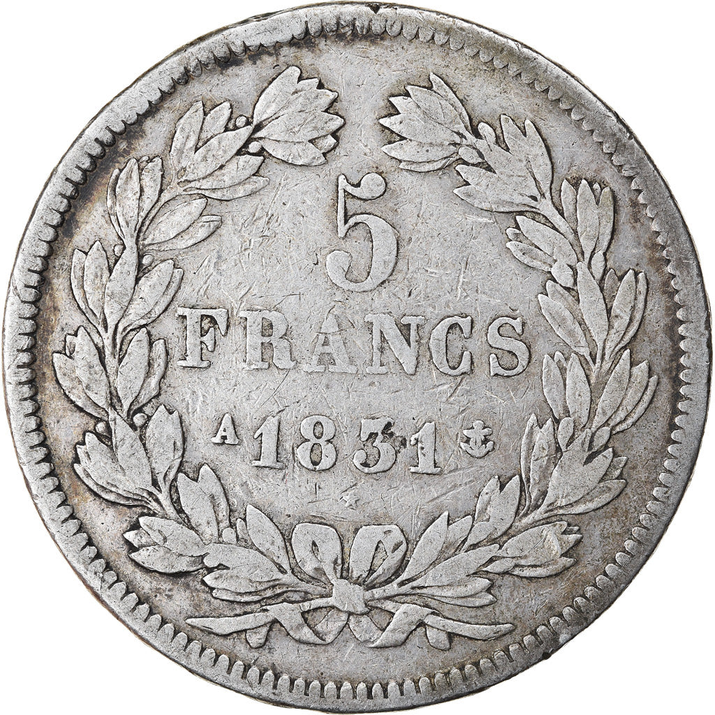 Moneda, Francia, Louis-Philippe, 5 Francs, 1831, Paris, BC+, Plata, KM:745.1