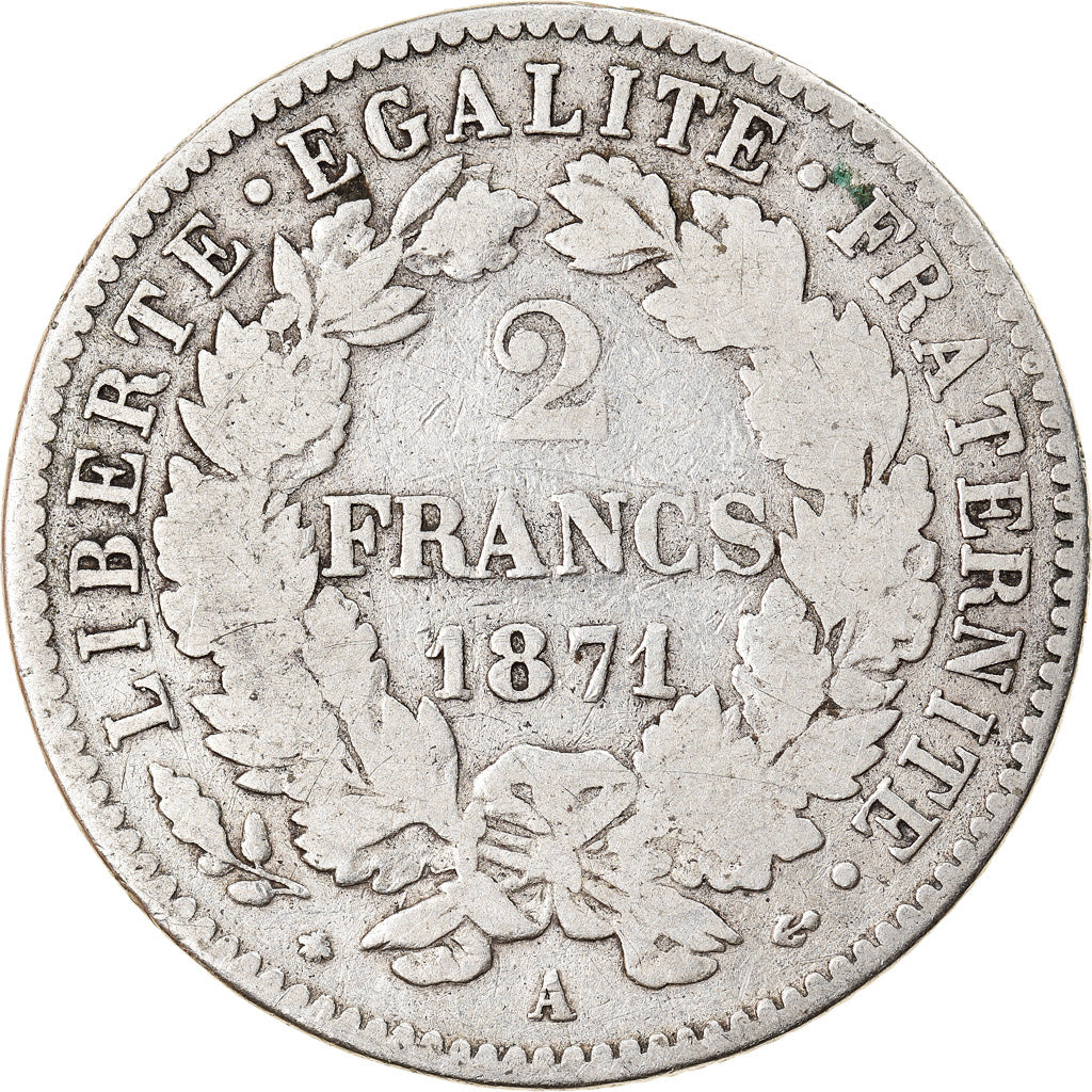 Moneta, Francia, Cérès, 2 Francs, 1871, Paris, MB, Argento, KM:817.1